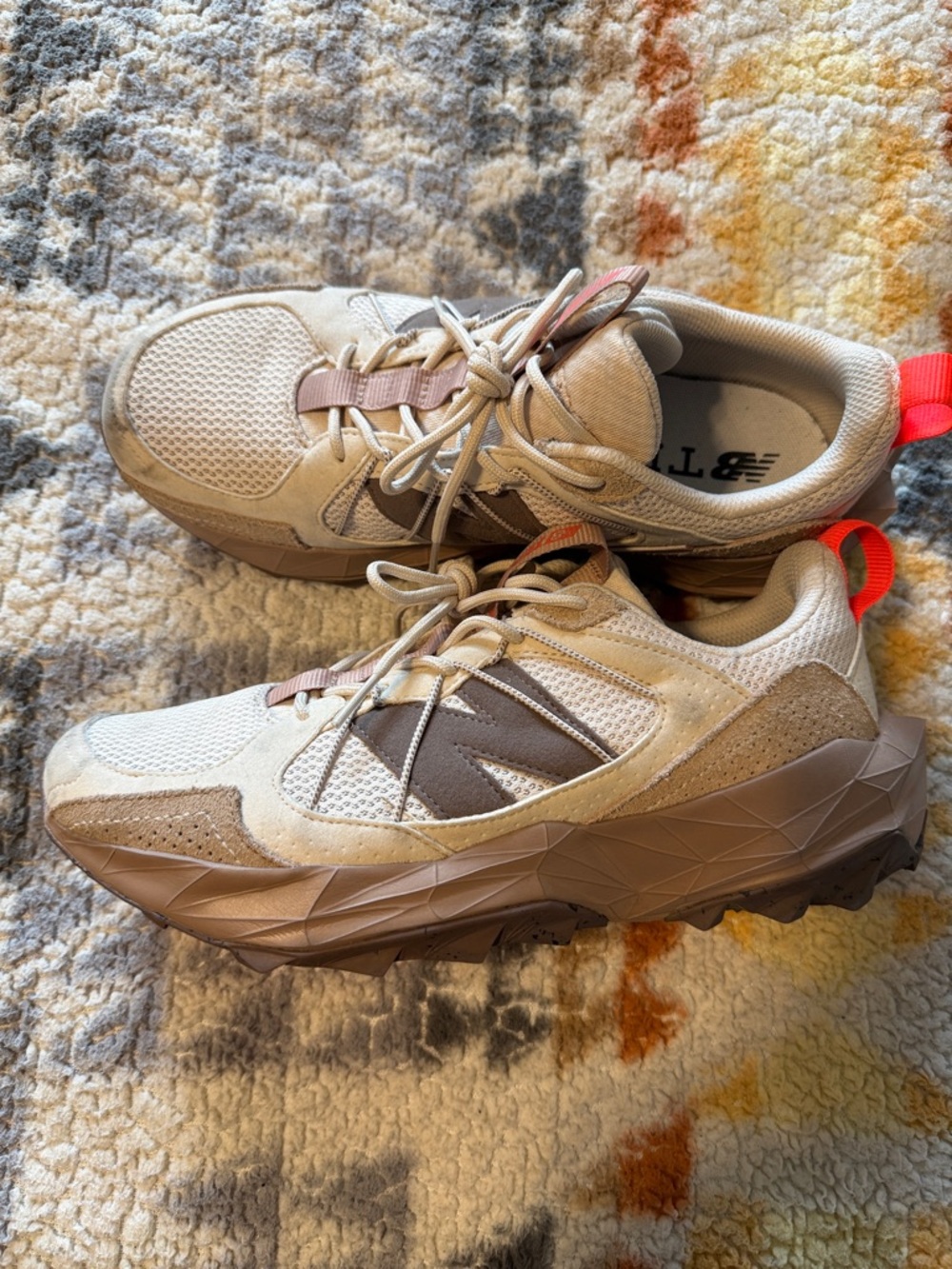 New Balance Beige and Brown Trail Sneakers with Orange Heel Tab